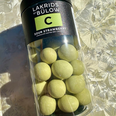 Lakrids by Bülow “C” Sour Strawberry Chocolate-Covered Liquorice Tall Jar