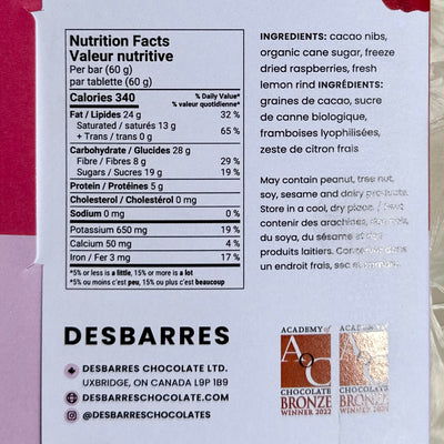 DesBarres Kindred Spirits Raspberry Cordial Dark Chocolate 60g Bar