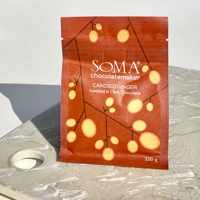 Soma Candied Ginger tumbled in Dark Chocolate