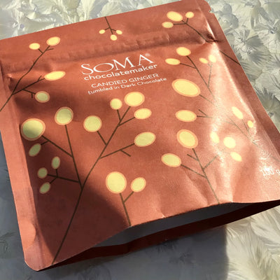 Soma Candied Ginger tumbled in Dark Chocolate